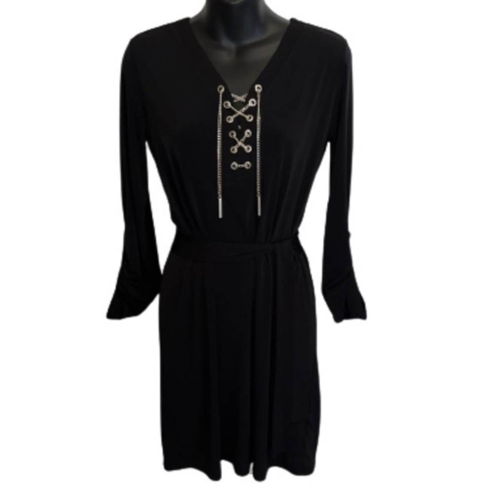 Michael Kors black chain detail roll tab long sleeve shift dress size XS